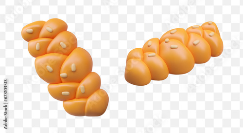 Collection of braided bread in different positions. Delicious baked bread with seeds. Model of food for bakery or store selling bread. Vector illustration in 3d style