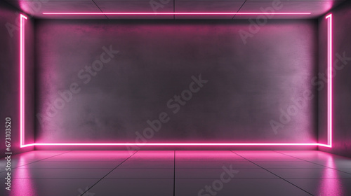 Futuristic empty neon-lit room with pink glowing frame on wall. Modern interior design with copy space. Generative AI