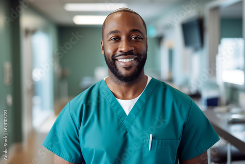 Nurse, hospital employee and portrait of black man in a healthcare, wellness and clinic feeling proud, Happy, smile and doctor in a medical facility with happiness from workplace vision and success