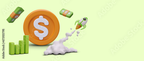 Successful launch of product, project, startup. Profitable business. 3D rocket starts up, huge coin, banknotes, growing graph. Winning strategy. Cartoon style concept