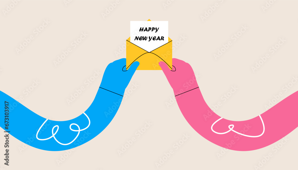 Human hands are holding an open envelope with a letter. Concept happy new year. Colorful vector illustration Human hands are holding an open envelope with a letter. Concept happy new year. Colorful vector illustration