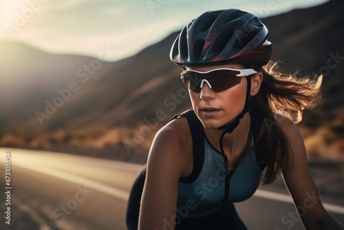 One athletic young woman cycling outside, Sporty fit female wearing helmet and glasses while riding a bike on a road along the mountain for exercise, Endurance and cardio during a workout and training photo