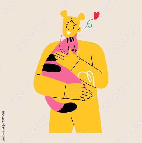 Woman hugging cat. Care and love, comfort and coziness. Colorful vector illustration