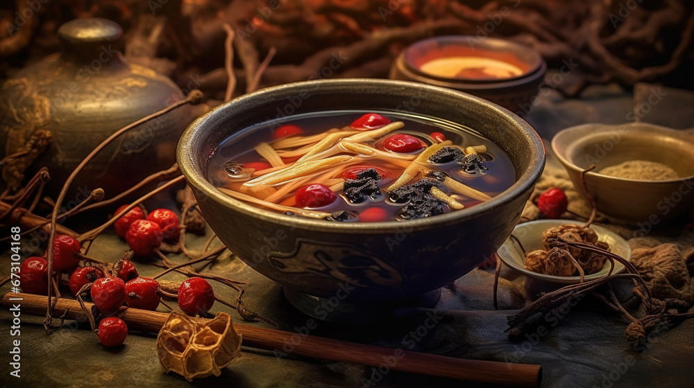 Chinese Soup with Red Dates Codonopsis Pilosula Licorice on Blurry Background
