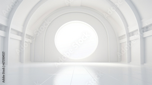 Interior of a minimal empty white room with abstract round window. Generative AI