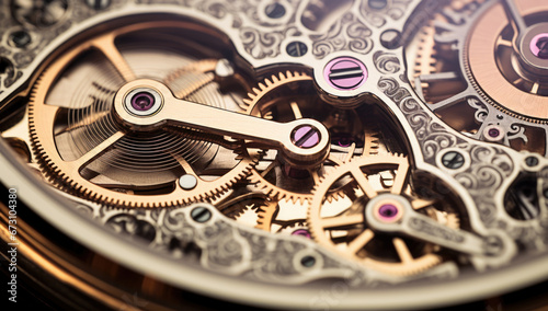 Mechanism, clockwork of a watch with jewels, close-up. Vintage luxury background. Time, work concept. photo