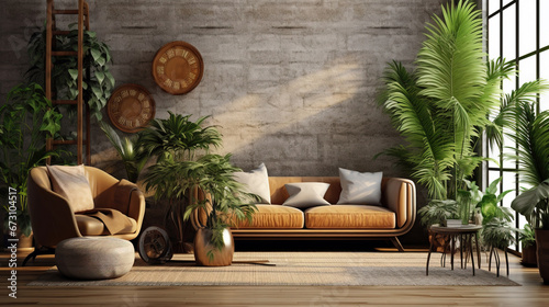 Living Room With Sofa and Green Home Plants Stylish Interior Background