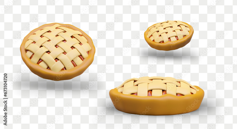 Double crust pie with lattice. Classic pastry with sweet filling. Vector object in different positions. Illustration for bakery, cooking blog, baking school
