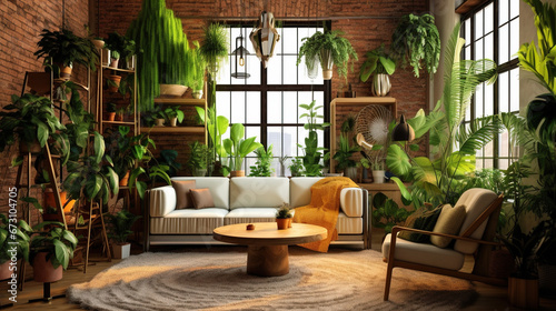 Living Room With Sofa and Green Home Plants Stylish Interior Background © Image Lounge