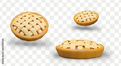 Double crust pie with lattice. Classic pastry with sweet filling. Vector object in different positions. Illustration for bakery, cooking blog, baking school