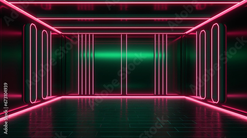Interior of a empty dark modern room with green and pink neon glowing light. Copy space. Generative AI 