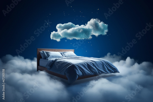 Bed with bedding levitating in the night sky with clouds, the theme of good and healthy sleep.generative ai
