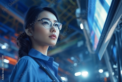 Portrait asian female Professional engineering wearing uniform and safety goggles Quality control, maintenance, monitor screen checking process in factory, warehouse Workshop for factory operators