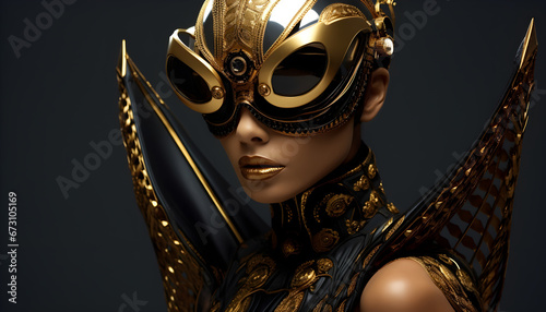 Young woman wearing sunglasses and a futuristic gold outfit.