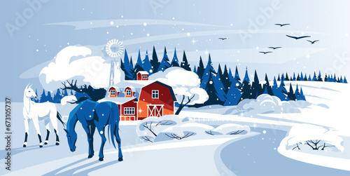 traditional red farmhouse with outbuildings, barn in snowy winter landscape. Horses in the snow. Ranch. Flat vector illustration