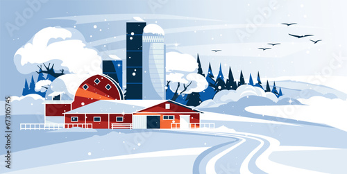 traditional red farmhouse with outbuildings, barn in snowy winter landscape. Flat vector illustration