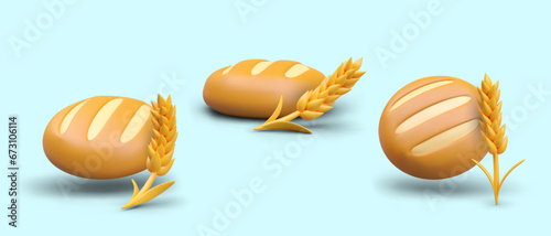 Poster with round loaf and wheat on blue background. Homemade freshly baked bread. Vector illustration, bakery products in 3d style with place for text