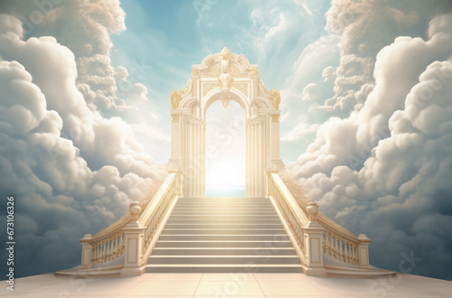 Stairway to Heaven. Stairs in sky. Concept with sun and white clouds. Concept Religion background.