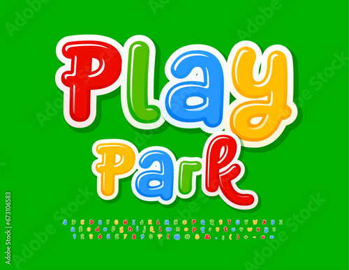 Vector artistic sign Play Park with handwritten Font. Colorful artistic Alphabet Letters and Numbers set