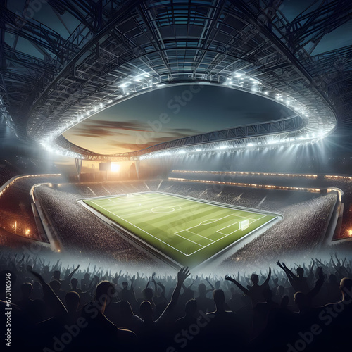 Estadio de Fútbol iluminado panorámico con aficionados