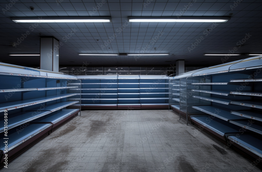 Obraz premium Supermarket with empty shelves for goods. Concept: sale and demand for purchases, deficit, excitement and epidemic, difficult economic situation