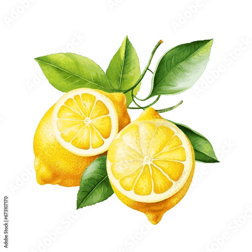 Watercolor lemon fruit with leaves for food vitamin design on white background