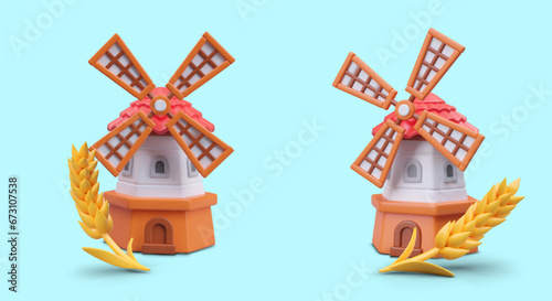 Old windmills, vintage wooden windmills. Traditional Dutch farm buildings for grinding wheat grains to flour. Vector illustration with blue background