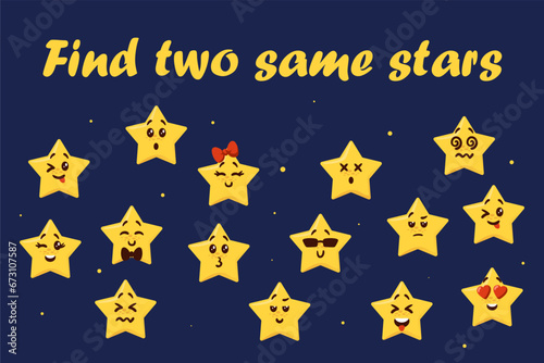 Star emoji. Find same faces. Funny emoticons. Preschool kids worksheet. Studying task. Logic game. Similar space elements. Compare smileys. Workbook test. Vector educational puzzle design