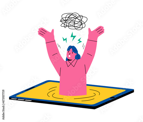 Business woman addicted to smartphone, drowning in mobile phone screen. Addiction to media and gadgets concept. Flat vector illustration isolated on white background