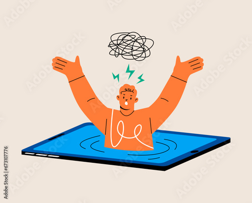 Male addicted to smartphone, drowning in mobile phone screen. Addiction to media and gadgets concept. Colorful vector illustration