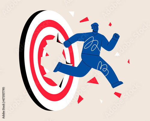 Man breakthrough huge target for goal achievement and career success. Colorful vector illustration