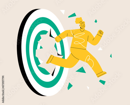 Woman breakthrough huge target for goal achievement and career success. Colorful vector illustration