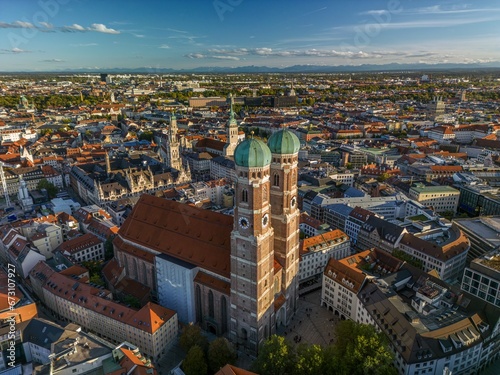 The drone aerial view of The Frauenkirche and downtown district of Munich, Germany. Munich Frauenkirche is one of the city's most famous landmarks.