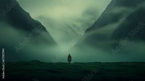 Solitary figure standing in a misty, emerald green valley between towering dark mountains. Generative AI