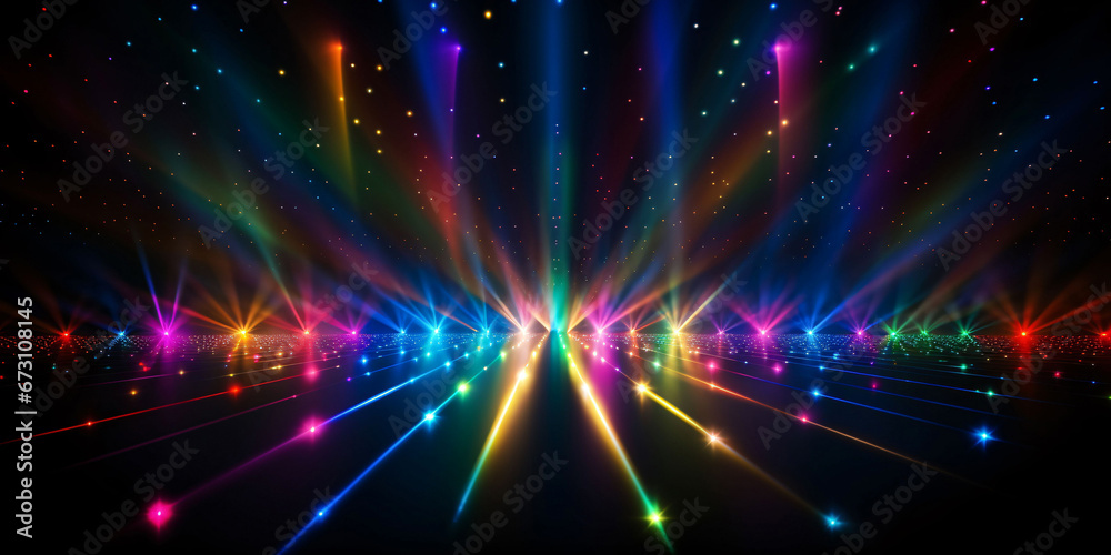 Rainbow coloured glowing light rays on dark starry background, abstract futuristic space stage.