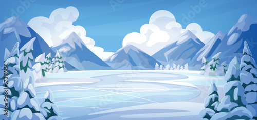 Winter landscape. Snow Christmas day scenery. Ice Canada mountains. Nature panorama. New Year frozen lake. Snowy pine trees. Wild forest. Rocky peaks. Cold season. Vector background