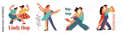 Couple dance. Man and woman dancers. Lindy Hop. Salsa and tango. Ballroom dancing. Latino rumba poster. Hip-hop pair. Cute ballerina. Vector choreographic studio cartoon banners set © SpicyTruffel