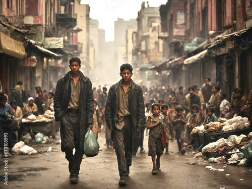 Poverty - A bustling city street filled with people  photo