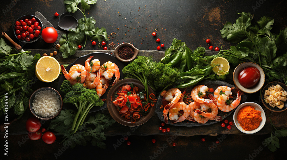 Top View of Asian Food with various ingredients Vietnam or Thai Cuisine Selective Focus Background Top View of Asian Food with various ingredients Vietnam or Thai Cuisine Selective Focus Background