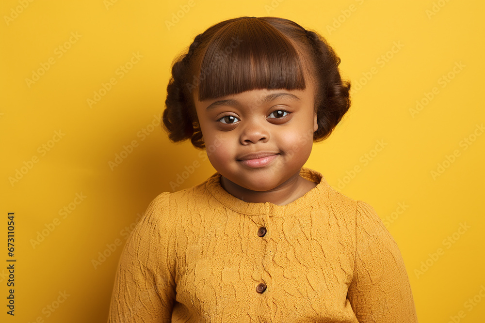 Studio portrait of cute little girl with down syndrome on different colors background Studio portrait of cute little girl with down syndrome on different colors background