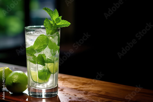 Mojito cocktail on wooden table. Cuban drink made with white rum, sugar, lime juice, soda water, and mint.