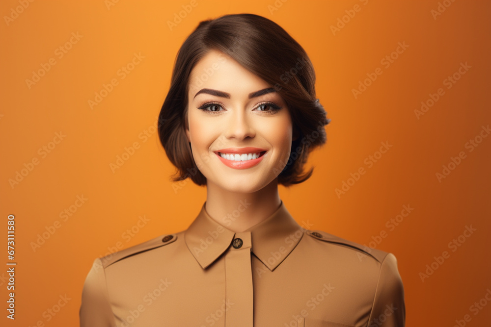 Portrait of happy stylish flight attendant woman on beige background Portrait of happy stylish flight attendant woman on beige background