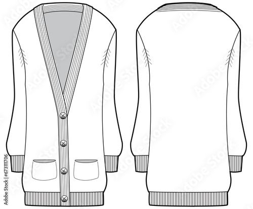 Women Long sleeve cardigan sweater design flat sketch fashion illustration with front and back view. Long hem cardigan cad drawing template
