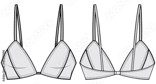 Triangle denim bra design flat sketch fashion illustration vector template, Classic triangular bikini Bra women's lingerie cad drawing template