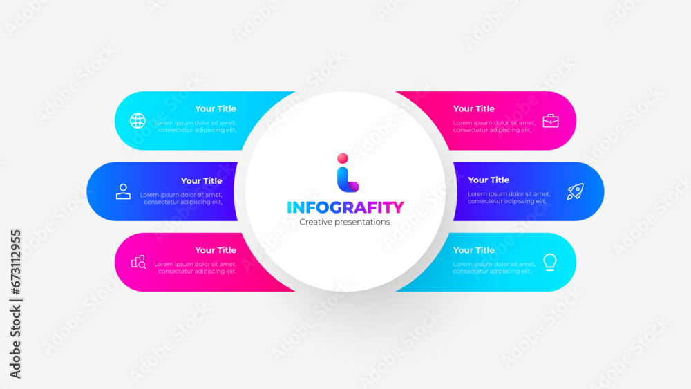 Center big circle with 6 rounded elements. Infographic flowchart template. Business data visualization Center big circle with 6 rounded elements. Infographic flowchart template. Business data visualization