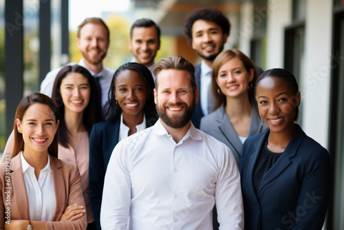 Portrait of Positive multi racial corporate team posing looking at camera