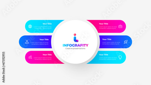 Center big circle with 6 rounded elements. Infographic flowchart template. Business data visualization