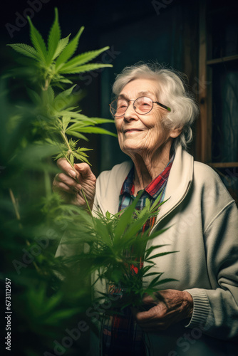 adorable grandmother with a cannabis plant in her home garden