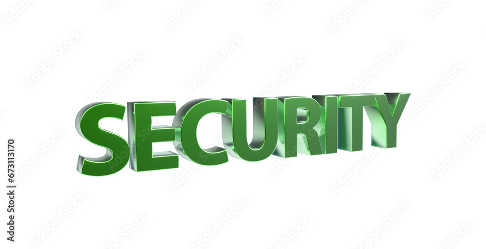 Security Sicherheit grüne plakative 3D-Schrift, Vertrauen, Schutz, Vorsorge, Gefahrenabwehr, Risikomanagement, Prävention, Sicherheitsmaßnahmen, Datenschutz,  Cybersecurity, Rendering, Freisteller
