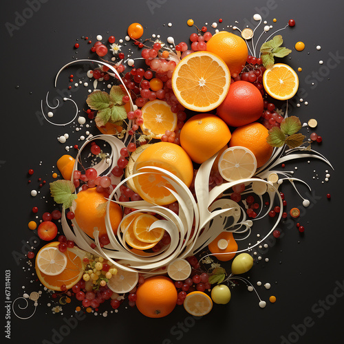 dynamic art made of fruits like an orange  an apple  ginger  and a lemin - all cut in half created with Generative Ai